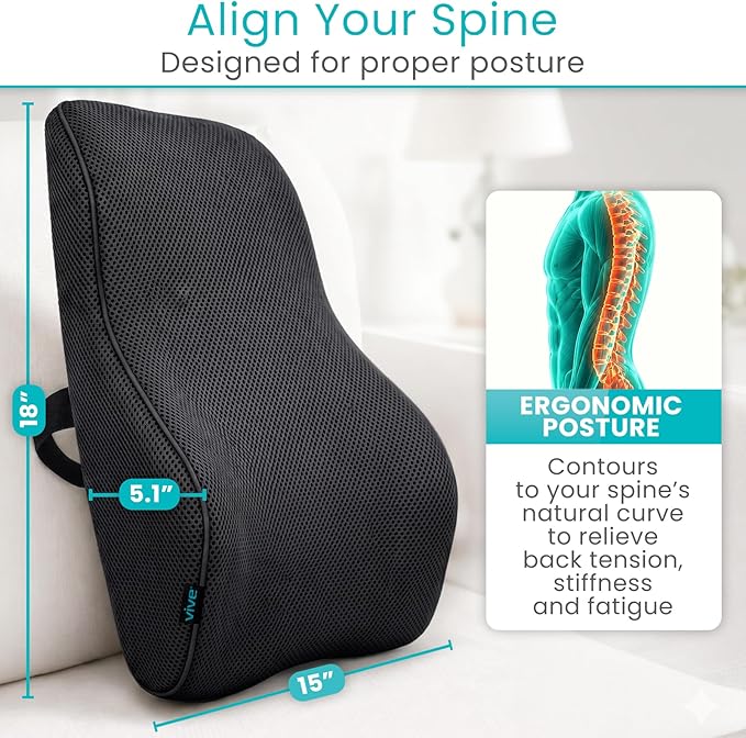 Vive Full Lumbar Cushion - Memory Foam Contour Support for Lower Back Pain - Ergonomic Pressure Relief for Office Chair, Car - Large Mesh Orthopedic Seat Backrest Roll for Improving Posture (Black)