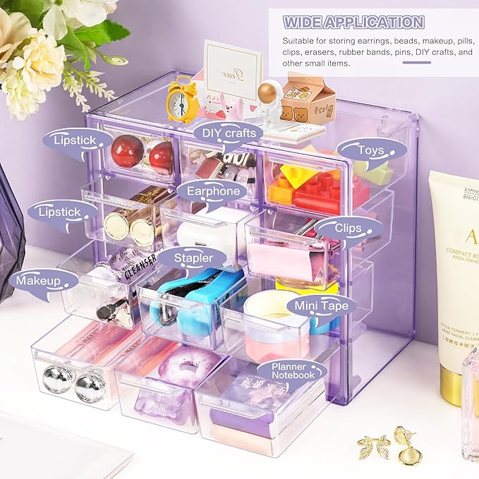 Desk Storage Organizer with 12 Mini Drawers, Clear Desktop Craft Drawer Cabinet, Stackable Storage Box Caddy for Makeup Jewelry Office Craft Supplies (Purple)