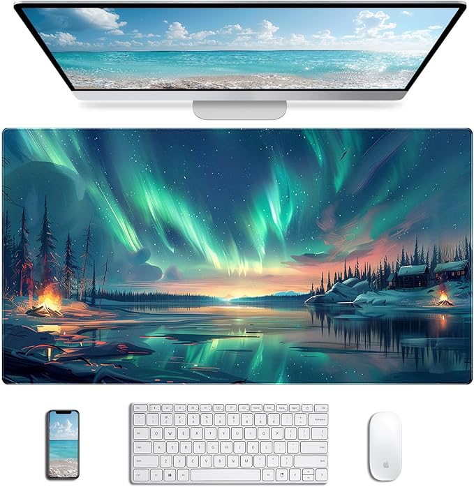 Purple Blue Landscape Computer Keyboard and Mouse Pad, Sunset Mountain Anime Laptop Landscape Game Desktop Pad 35.4X15.7 Inches