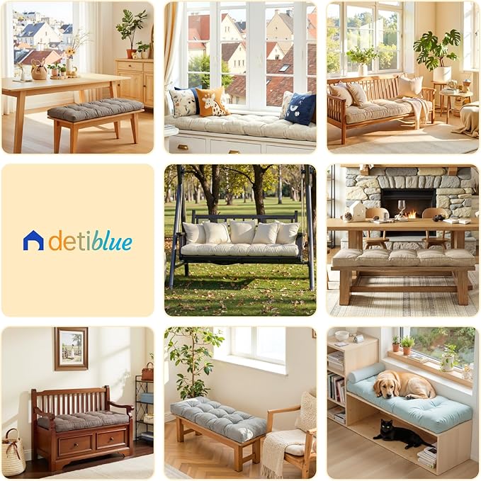 Detiblue Custom Bench Cushion - Indoor/Outdoor Tufted Non-Slip Cushions, Piano Bench/Bay Window/Porch Swing Seat Cushions, Customizable Size/Fabric/Color/Non-Slip/Piping