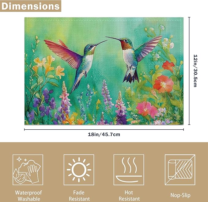 Colorful Hummingbird Flowers Table Placemats Set of 6, Linen Placemats 12x18 Inch, Washable Non Slip Heat Resistant Mats for Dining Table Kitchen Indoor Use