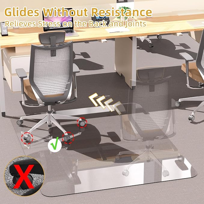 [Tempered Glass] Glass Office Chair Mat for Carpet Heavy 57" x 42"-1/5" Thick Premium Tempered Glass Duty Hard Glass Chair Mats -for Office Chair on Carpet or Hard Floor with 4 Anti-Slip Pads