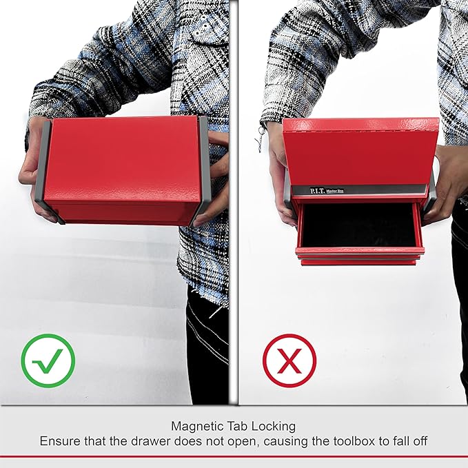 P.I.T. Mini Tool Box 8.6"W X 4.6"D, Portable 3 Drawer Steel Stackable Red Tool Box with Magnetic Tab Locking, Red Micro Top Chest with Liner for Tools Storage and Organizers, Home DIY