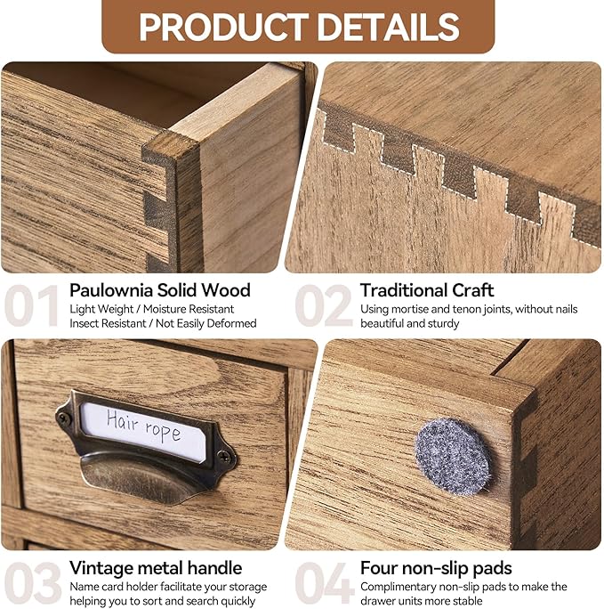 KIRIGEN Wooden Desk Storage Cabinet with 9 Mini Drawers, Solid Wood Desktop Organizer with Metal Label Handles for Office Supplies, Crafts, Tea Bags, Makeup, Brown 9CG-DBR