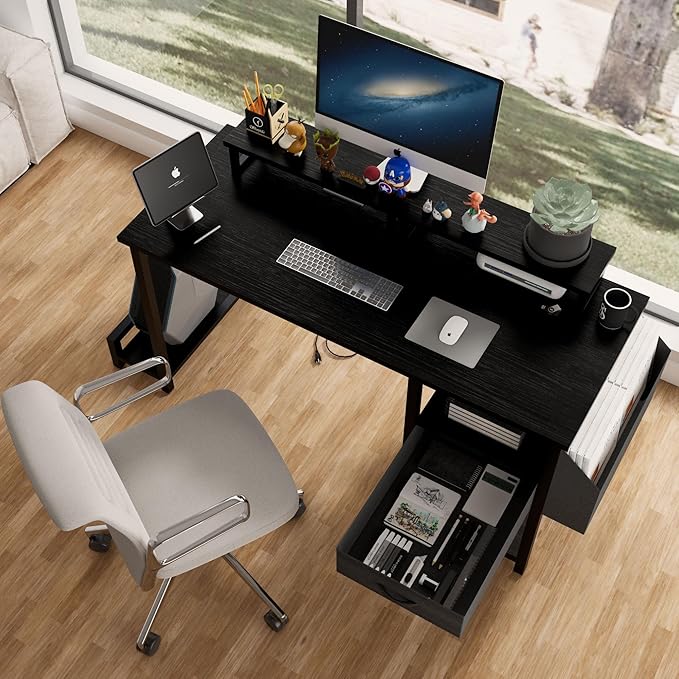 Home Office Desk with Side Pocket and Drawers, Modern Computer Desk for Small Space Bedroom, 47 Inch Gaming Desk with Power Outlet & 2 Movable Monitor Shelves (Black)