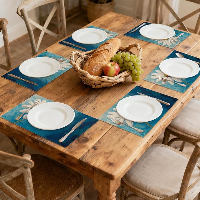 Vintage Daisy Flower Placemats Set of 6 Linen Table Mats, 12x18 Inch Washable Placemats for Dining Table, Non Slip Heat Resistant Mats for Kitchen Home Decor
