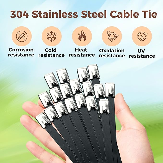 Stainless Steel Cable Tie Gun Kit, 300 Pcs Black 304 Stainless Steel Zip Ties with Cutter, Heavy Duty Metal Cable Ties, 200 11.8-Inch and 100 7.8-Inch for Fence, Farm, Chicken Coop, Pipe