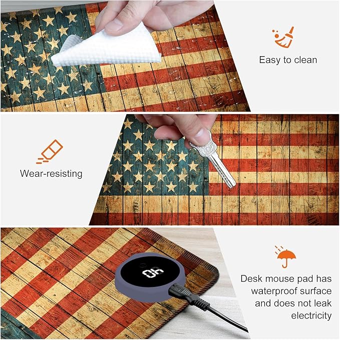 Heated Mouse Pad,Warm Desk Pad with 3 Levels Heating & 3 Hours Auto Shut-Off, PU Leather Heated Desk Pad Warmer Pad for Home Office - 23.6 x 14.2 inch,Vintage American Flag