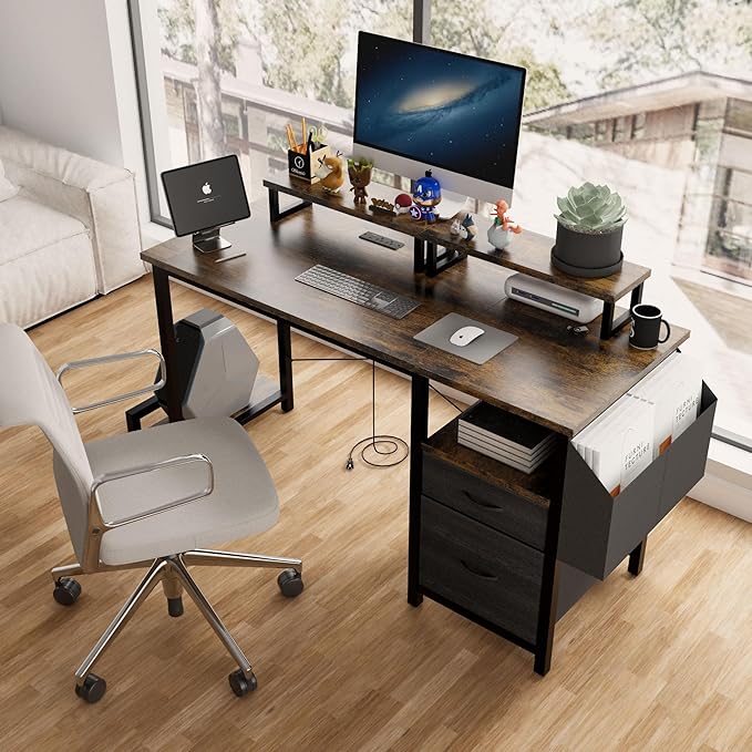 Home Office Desk with Side Pocket and Drawers, Modern Computer Desk for Small Space Bedroom, 47 Inch Gaming Desk with Power Outlet & 2 Movable Monitor Shelves (Rustic Brown)