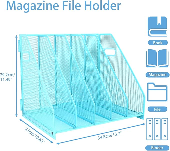 Desk Organizers Metal Magazine File Holder Racks Desktop Folder Storage Binder Organiser Document Organization for Home Office & Classroom,5 Vertical Compartments-Blue