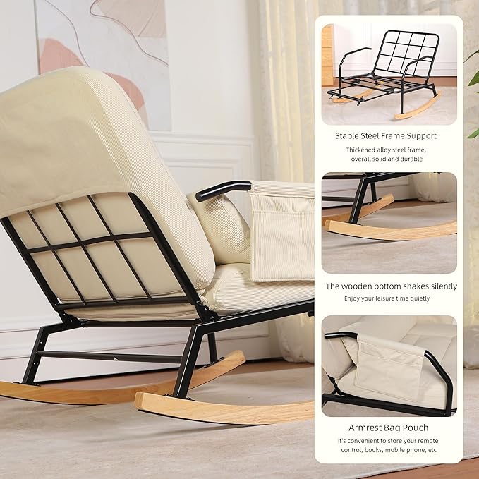 Oversized Reclining Rocking Chair with Foot Rest, 110°–160° Adjustable Backrest, Upholstered Armchair with Side Pocket for Nursery and Living Room, Beige