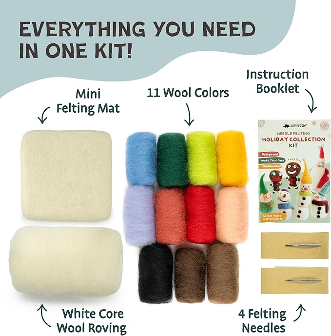 Woolbuddy Needle Felting Kit for Beginners & Adults – Christmas Holiday DIY Felting Kit with Wool Roving, Felting Needles, Pad & Instructions – Felting Kits for Adults Christmas Crafts & Gifts