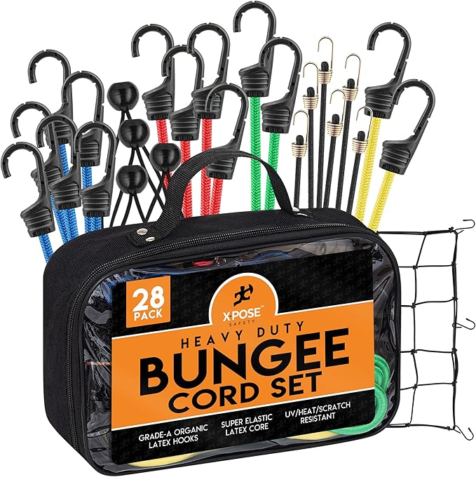 Heavy Duty 28pc Bungee Cord Set with Hooks, Canopy Ties, Luggage Net & Organizer Bag - Assorted Sizes (18", 24", 32", 40") for Outdoor, Bike Racks, Motorcycles