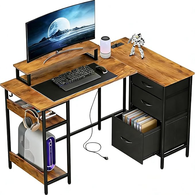 DEVAISE 48 Inch L Shaped Gaming Desk with Drawers and Storage, Corner Desk with LED Lights, Power Outlets, Computer Desk with Monitor Stand, Office Desk for Home, Rustic Brown