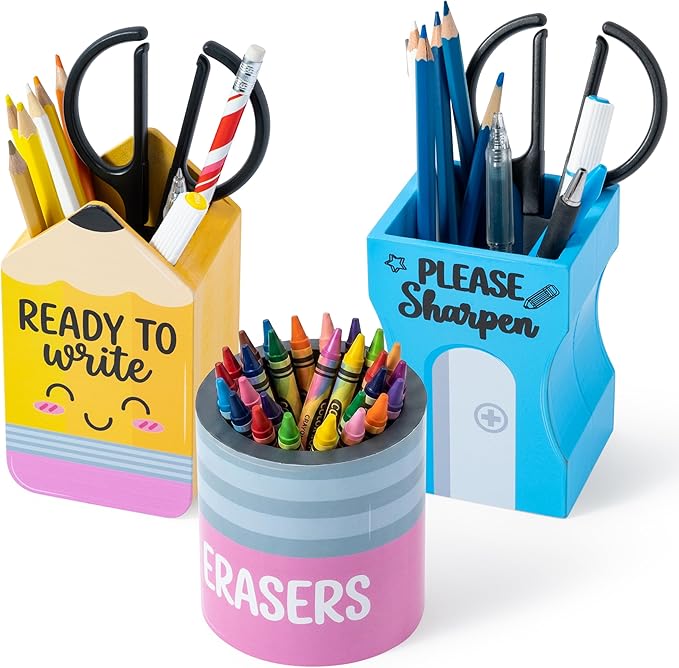 MALLMALL6 3Pcs Pencil Sharpen Eraser Shaped Pencil Holder, Back to School Wooden Caddy Case Gifts for Kid Student, No Assembly Sharp Dull Shaped Desktop Dispenser Storage Organizer for Classroom Decor