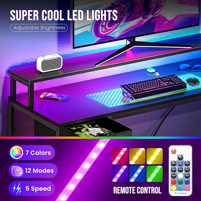 DUMOS 53” Gaming Desk with USB Charging Ports & LED Lights, Reversible L Shaped Desks Computer Corner Gamer Table with Power Outlets Monitor Stand Storage Shelves for Home Office Small Space, Black