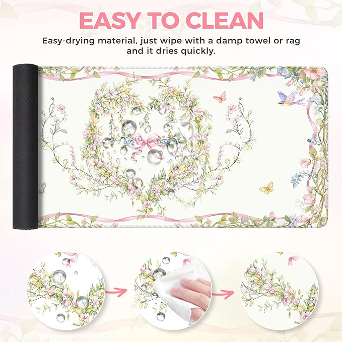 iCasso Desk Matt for Desktop,Cute Desk Pad White,Anti-Slip Large Gaming Mousepad XXL,Soft Lycra Surface Computer Mat Women,Girly Keyboard Pad for Home Office