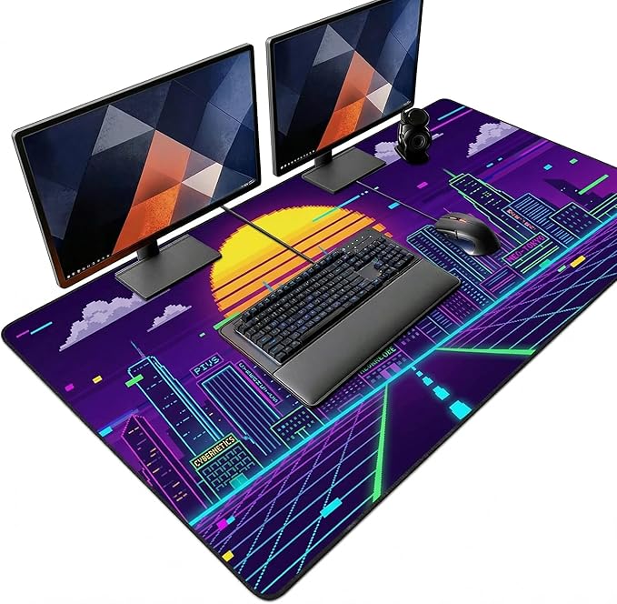 48x24in Retro Synthwave Mouse Pad, Neon City Extended Desk Mat, Non-Slip Waterproof Gaming Mousepad for Home Office & Gaming