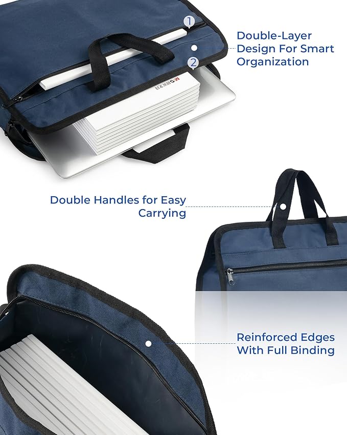 M&G 12x15 in Large Zipper Pouch with Handle, A4 Foldable Heavy-Duty Waterproof Oxford Zipper Document Bag, File Organizer for Office Travel Books Papers Filing Folder, Double Layer 1 Pack (Dark Blue