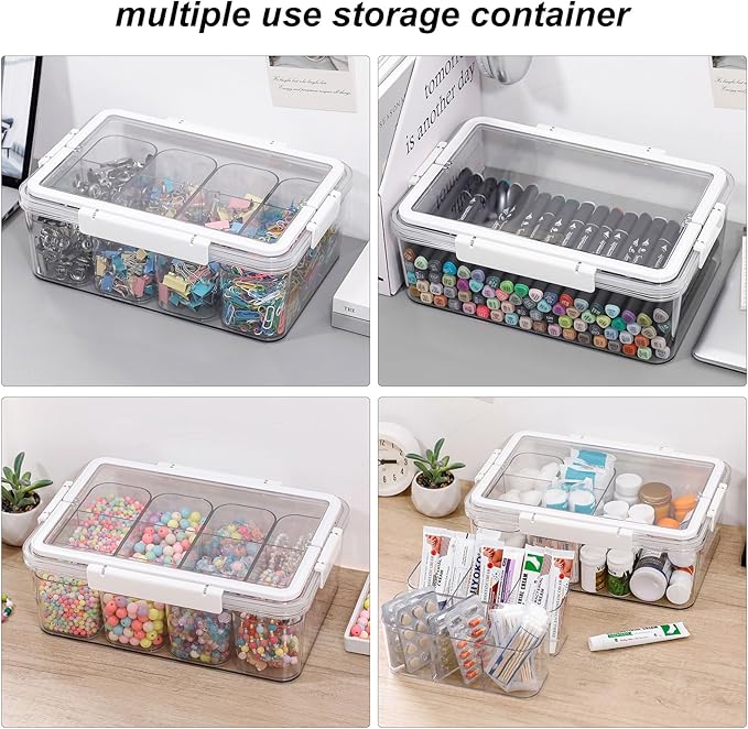 Large Cable Storage Box with Lid, Plastic Power Cords Organizer for Desk Drawer, Clear Home Office Container for Cell Phone Charger, Art Crafts and Stationery