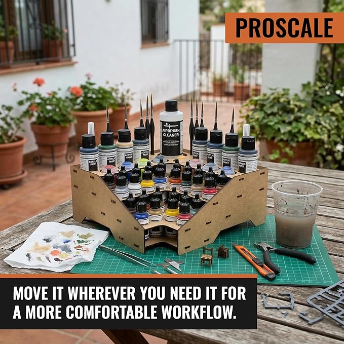 PROSCALE Corner Paint Rack Organizer, Art desk Corner Paint Stand holder for Miniature & Model Paints + Brush/Tool Slots, 26 36mm Holes Compatible with Vallejo, Army Painter, AK (Module C)