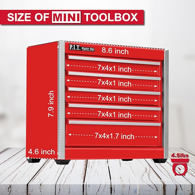 P.I.T. Mini Tool Box 8.6"W X 4.6"D, Portable 5-Drawer Micro Steel Stackable Toolbox with Liner, Red Cute Tool Case for Small Tools Parts Storage, Home DIY