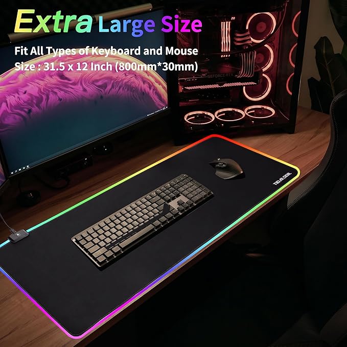TIDALSOIL RGB Gaming Mouse Pad, 31.5 x 11.8 Inch Oversized Mouse Mat with 12 Light Modes, Non-Slip Rubber Base, Large Keyboard Pad for PC Gaming, Office, Black