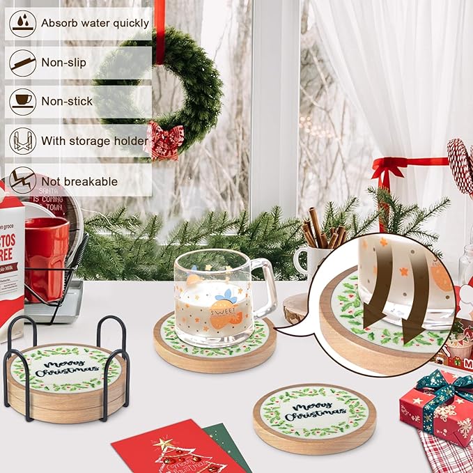 Christmas Coasters Set of 4 with Holder, Cewiru Cup Mat for Drinks, Absorbent Coasters with Felt Insert for Coffee Table Protection, Modern Style Home Dining Table Decor, 4.3"