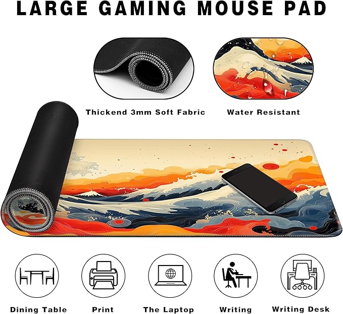 Long Gaming Mouse Pad Extended Anime Large Desk Pad with Non-Slip Base Full Keyboard Mat with Stitched Edges for Gaming and Office 31.5 x 11.8 inches (Watercolor Wave)