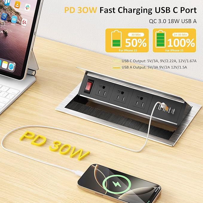 Kungfuking Recessed Power Strip with USB C PD 30W, Conference Table Power Hub Outlet Connectivity Box Rotatable with Switch and Metal Casing, 6 FT Cord