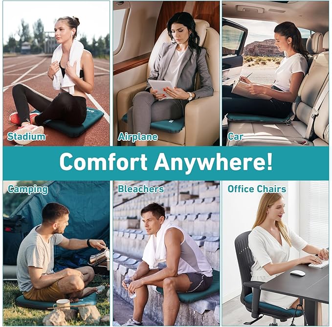 Inflatable Seat Cushion, 2 Pack Self Inflating Memory Foam Portable Stadium Seat Cushions for Bleachers Lightweight Camping Comfort Airplane Cushion for Long Flights Outdoor Events (2 Pack Blue)