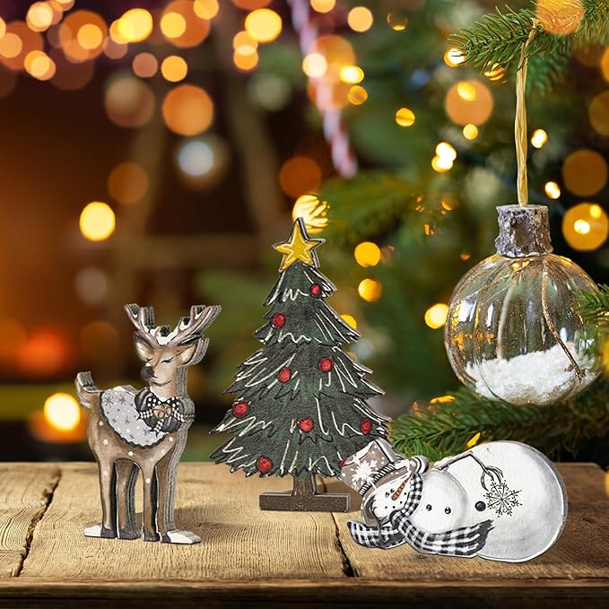 Smile 3 Pcs Wooden Blocks Christmas Signs, Reindeer Tree Snowman Tiered Tray Decorations, for Home Table Shelf.
