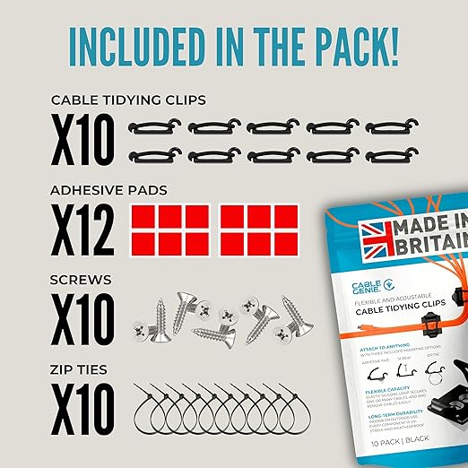 [Made in the UK] 10-Pack Adjustable Elastic Self-Adhesive Cable Tidy Clips, Cable Management Organiser for Office, Home, Under Desk, Behind TV, Charging Phone, Laptop, PC, HDMI, USB (BLACK)