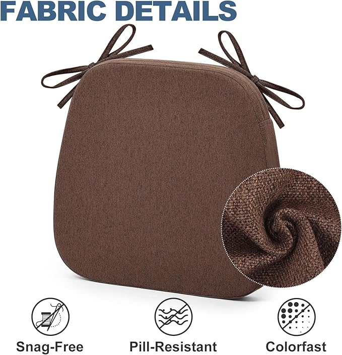 Shinnwa Dining Chair Cushions Set of 4, Non-Slip Kitchen Chair Cushions with Detachable Straps and Machine Washable Cover, 4 Pack, 17x16x2in, Brown