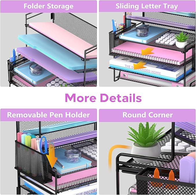 SUPEASY 7 Tier Desk Organizer with 3 Pen Holders, Heavy Duty Metal Letter Tray Paper File Organizer for Home Office School Classroom, Black