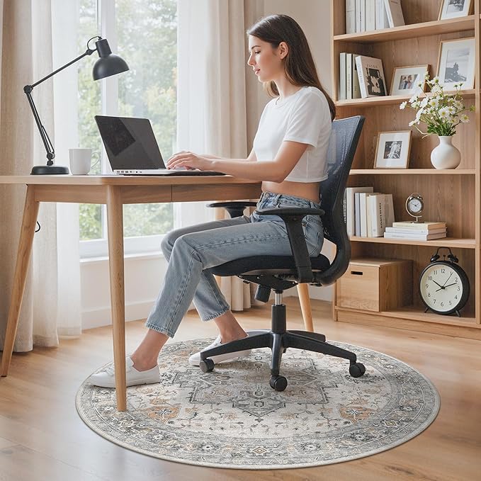 60"x60" Office Chair Mat for Hardwood Tile Floor, Under Desk Carpet Protector for Rolling Computer Chair Mat, Machine Washable Round Area Rug, Anti-Slip 1/5" Thick Low Pile Thin Floor Mat, Taupe
