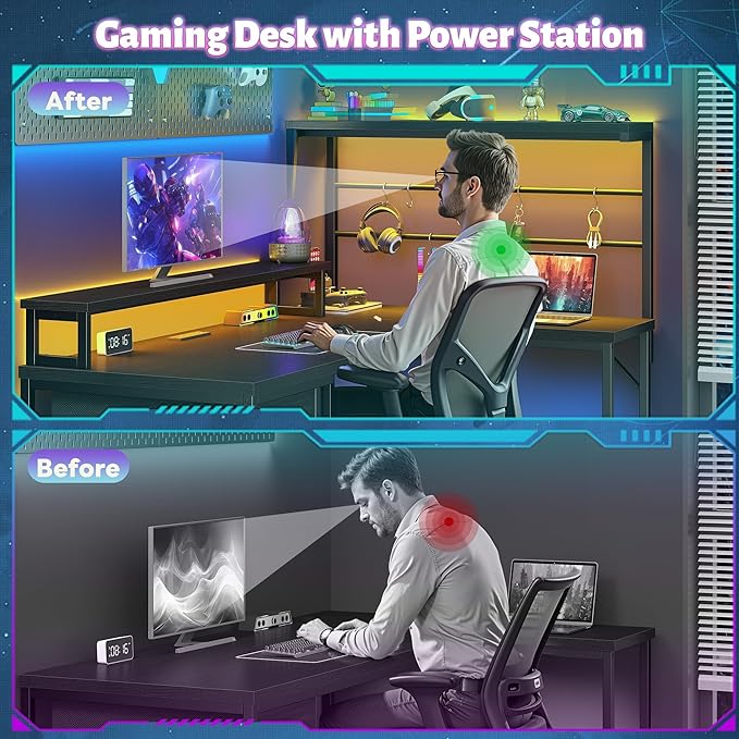 EnHomee 53" L Shaped Gaming Desk with RGB LED and Power Outlets, Reversible Corner Desk with Monitor Stand, Computer Desk with Deep Drawer & Storage Shelf for Home Office & Gaming, Black