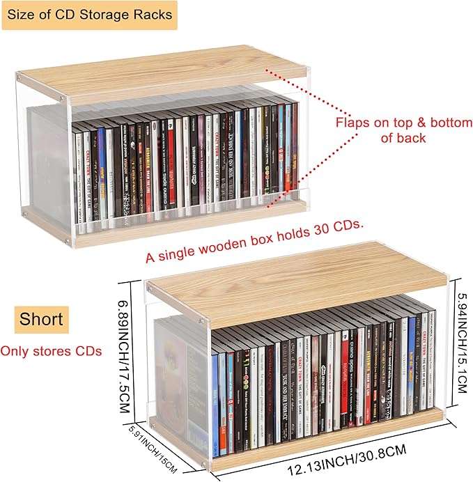 2Pack Stackable Wood Acrylic CD Holder Desk Rack Organizer Holds up to 60 CD Jewel Cases Media Storage Rack for Movie & Video Games Collections (Natural Wood, Short)