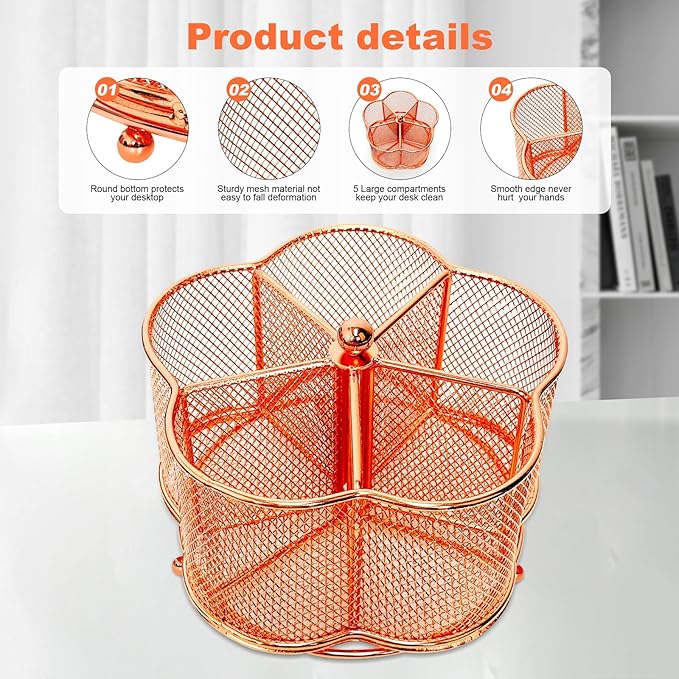 360 Degree Rotate Pen Holder for Desk Mesh Desk Pen Organizer Pencil Holder Large Capacity Accessories & Workspace Organizers for School,Home (Rose Gold, No hook)