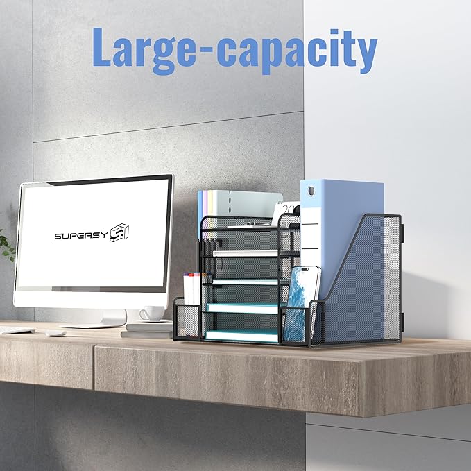 SUPEASY Desk Organizer, 5-Tier Mesh Desktop File Organizer with Bookends, File Holder, 2 Pen Cups and Paper Letter Trays, Large-Capacity Metal Organizer for Home, Office or School