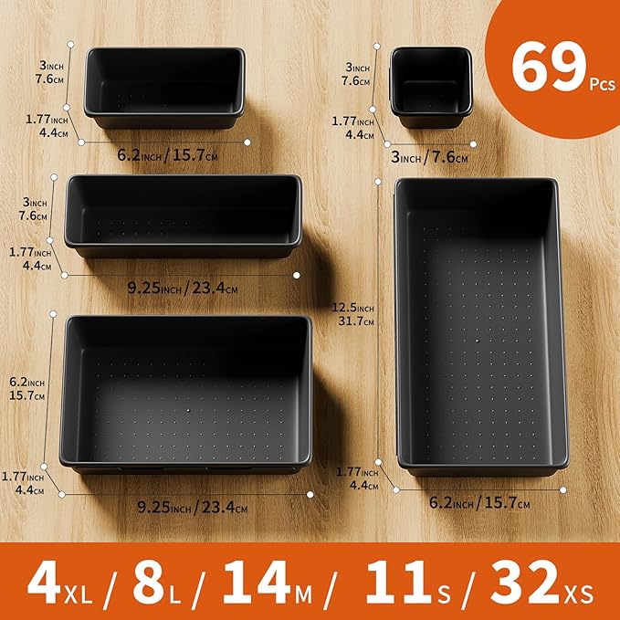 5 Sizes Tool Drawer Organizer - 69 PCS Tray, Desk Drawer & Rolling Tool Chest Organizer (Black)