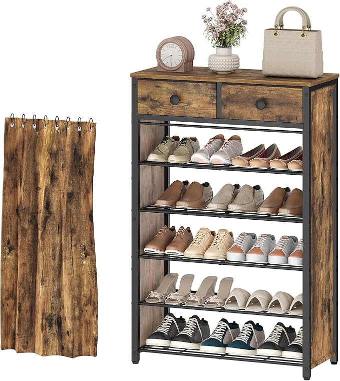 YATINEY 6-Tier Shoe Rack with 2 Non-Woven Drawers, Entryway Shoe Storage with Dust Cover, Metal Shoe Organizer, Space Saving Shoe Cabinet, for Entryway, Closet, Hallway, Rustic Brown and Black SS33BR