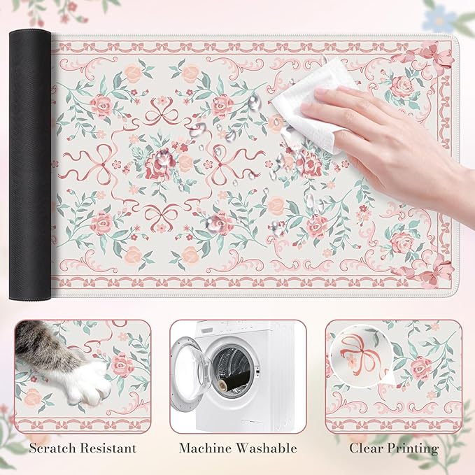HAOCOO Pink Desktop Mat with Bow, Cute Large Mouse Pad for Office, Non-Slip Waterproof Desk Pad for Keyboard and Mouse, Floral Aesthetic Desktop Mat, Girly Home & Cubicle Supplies