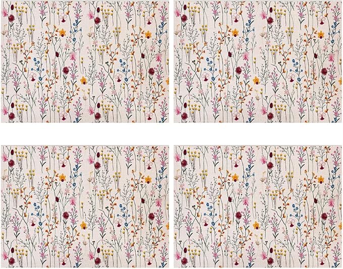 Watercolor Wild Flowers Placemats Set of 4, 12x18 Inch Seasonal Spring Summer Colorful Floral Table Mats for Home Party Kitchen Dining Decoration