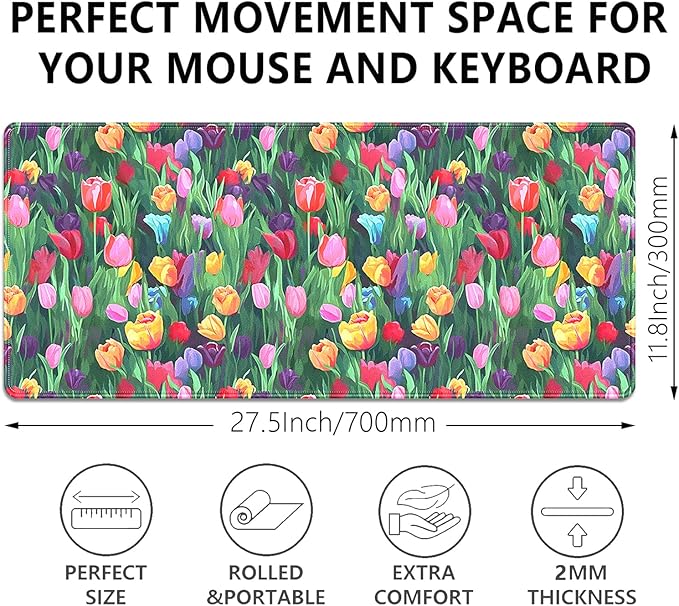 Colorful Tulip Flower Large Mouse Pad Desk Pad, 27.5x11.8in Vibrant Floral Garden Extended Desk Mat with Stitched Edges, Non-Slip Waterproof Rubber Base for Office, Computer & Laptop