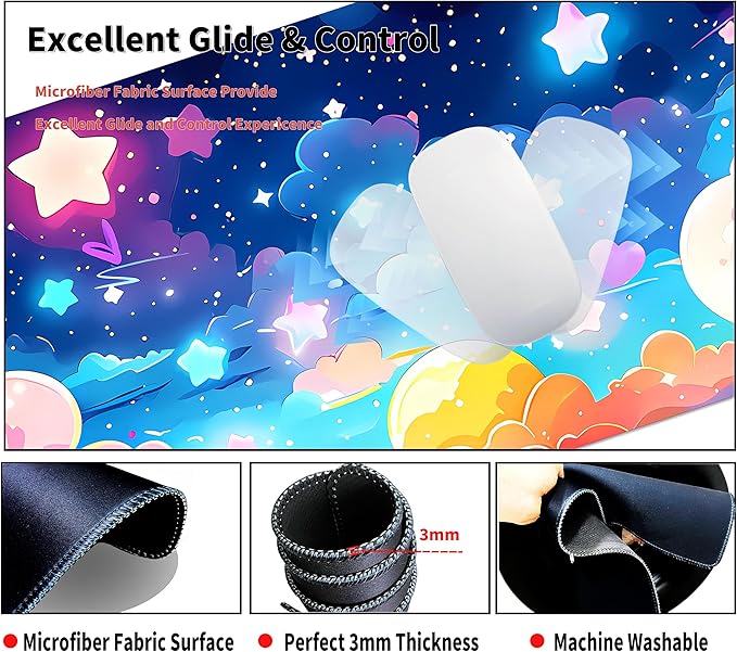 Extended Mouse Pad with Coaster 31.5 x 11.8 Desk Pad Full Desk Mousepad Stitched Edges Desk Mat Long Large Gaming Mouse Pad for Desk Office Home Rainbow Star