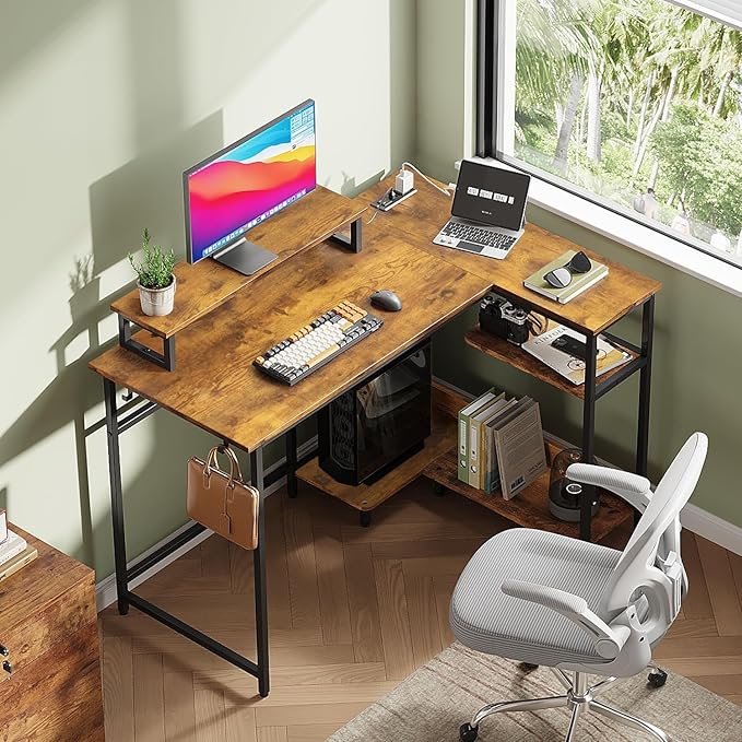 DEVAISE Compact 43" L Shaped Gaming Desk with LED Lights and Power Outlets - Corner Computer Table with Monitor Stand and Storage Shelves for Work and Gaming, Rustic Brown
