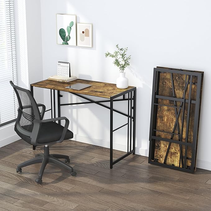 Lutown-Teen 35 inch Small Folding Computer Desk, Writing Gaming Computer Desk for Small Spaces, No Assembly Required Home Office Tale, Rustic Brown