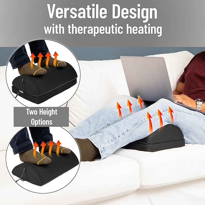 Mind Reader Heated Memory Foam Footrest, Under Desk Ergonomic Support with 4 Heat Settings, Timer & Auto Shut-Off, Adjustable Height, Black