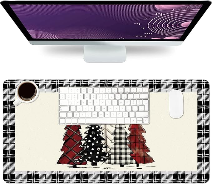 Christmas Desk Mat, Buffalo Plaid Christmas Trees Merry Xmas Large Mouse Pad for Desktop, PU Leather Waterproof Desk Pad, Computer PC Laptop Protector Gaming Mouse Pads for School Office Home